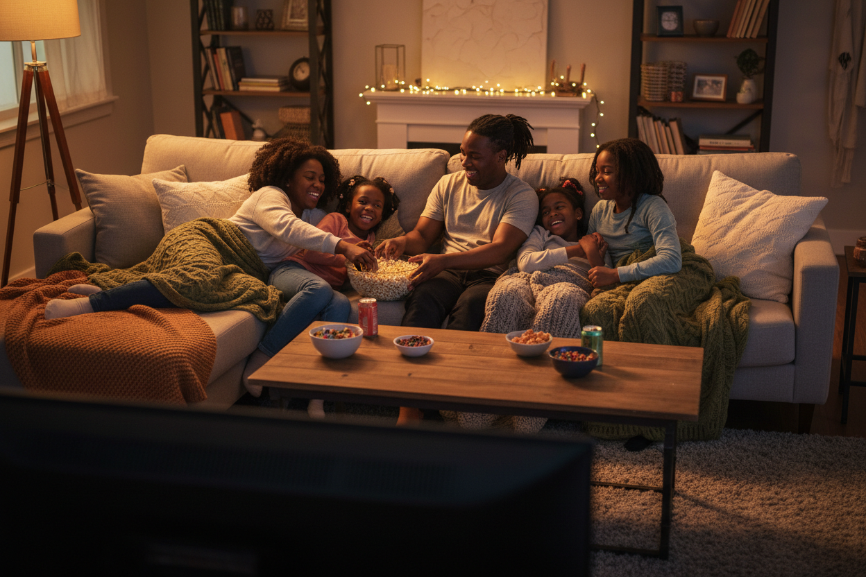 generate an image of a black family having movie night