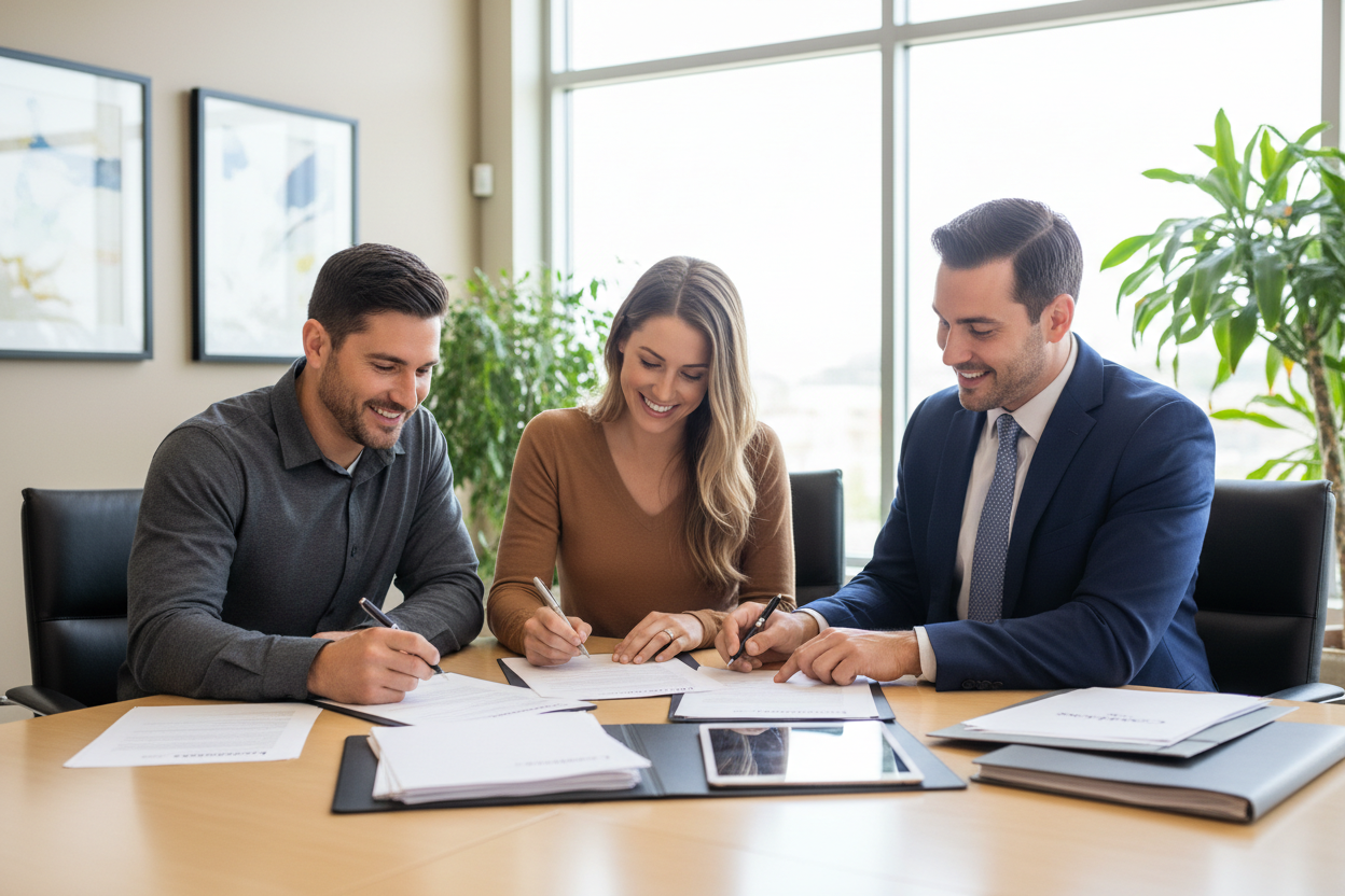 make an image of a husband and wife signing mortgage paper work with a male real estate agent