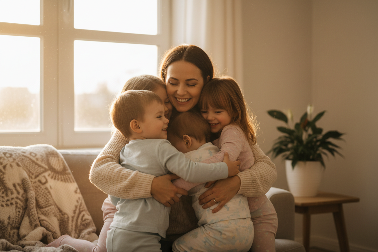 make an image of a mother hugging her kids